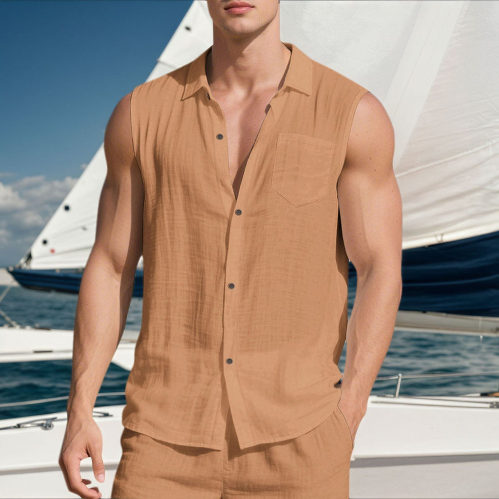 Linen Men's Casual Lapel Sleeveless Shirt