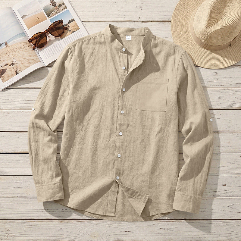 American-style Linen Shirt With A Stand-up Collar And Mid-length Sleeves, Mens