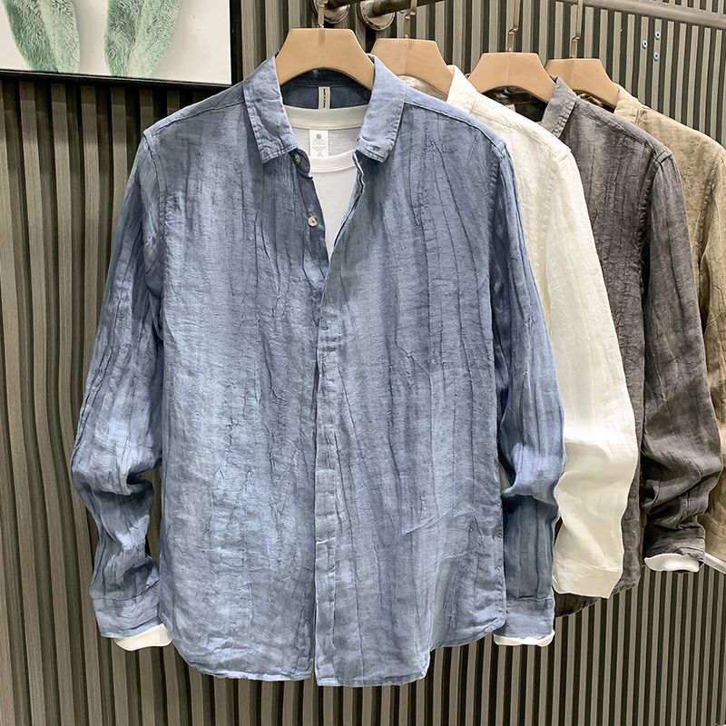 Men's High-End Linen Pleated Long-Sleeve Shirt