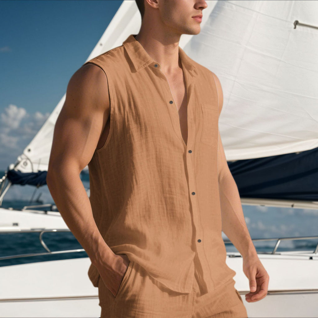 Linen Men's Casual Lapel Sleeveless Shirt