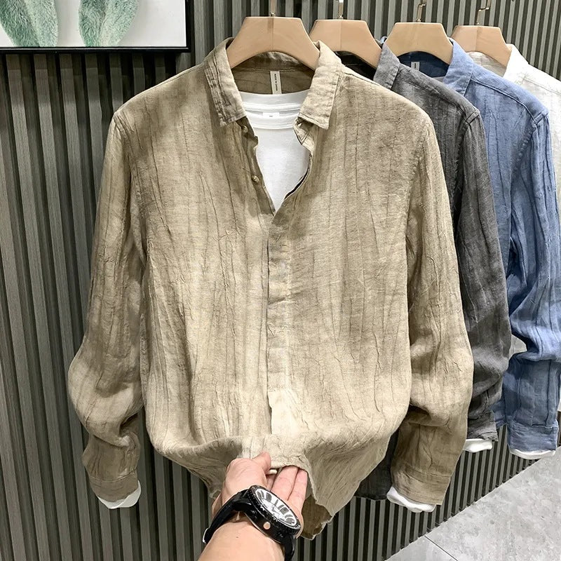 Men's High-End Linen Pleated Long-Sleeve Shirt