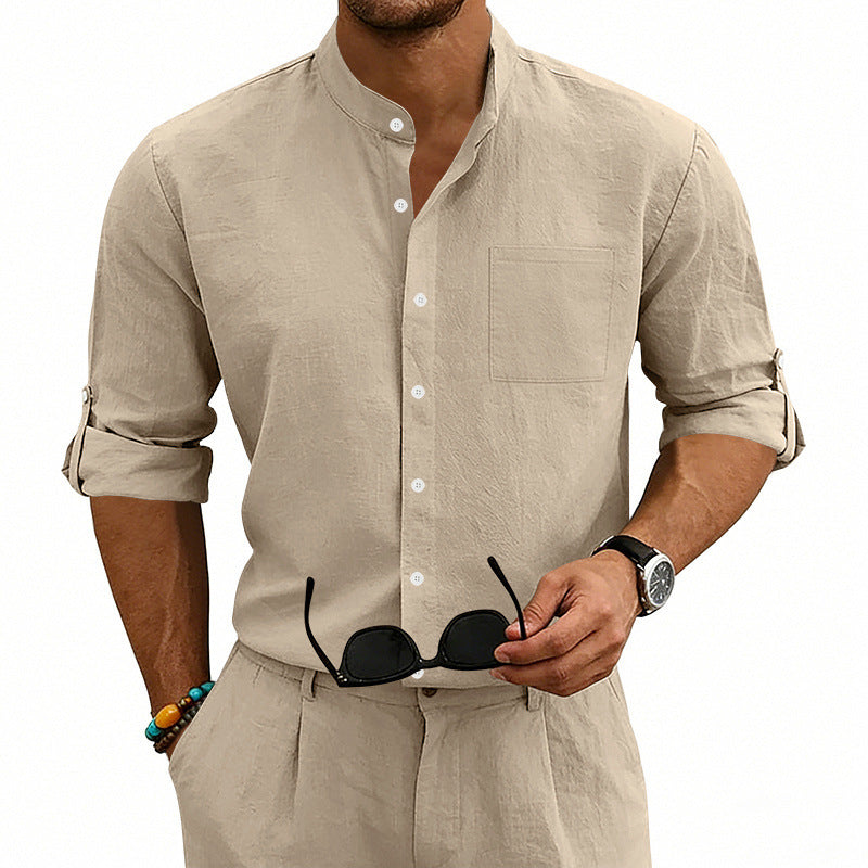 American-style Linen Shirt With A Stand-up Collar And Mid-length Sleeves, Mens