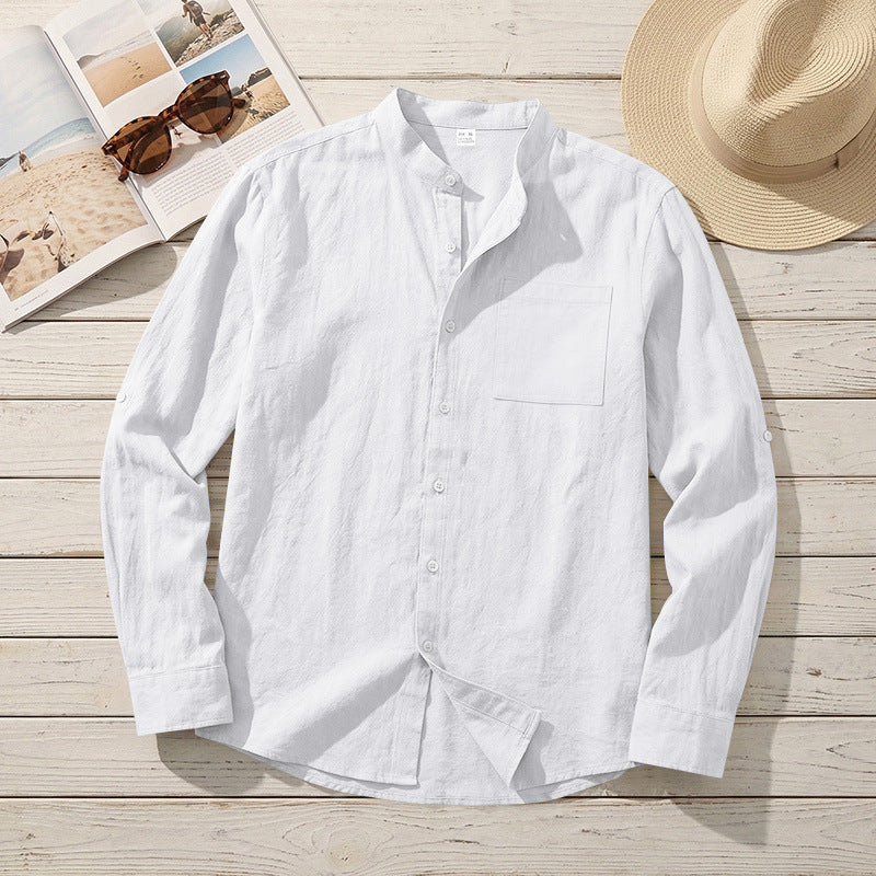 American-style Linen Shirt With A Stand-up Collar And Mid-length Sleeves, Mens