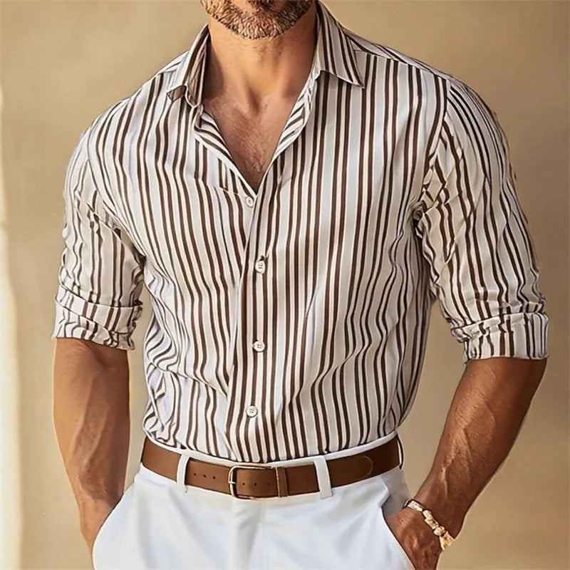 Men's Lapel Button-Down Striped Collar Shirt