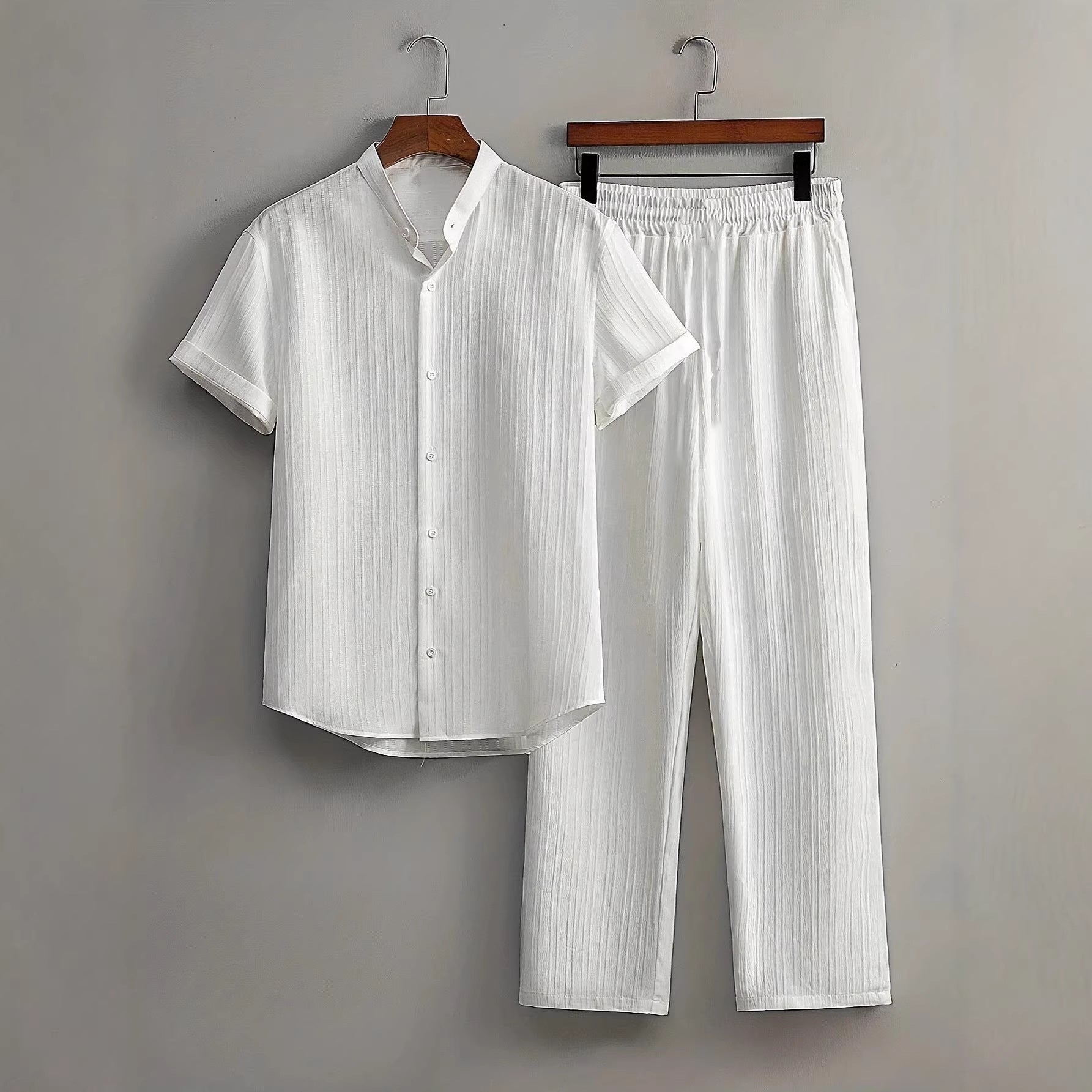 Mens Multi-Color Bamboo-Texture Wrinkle-Finish Short-Sleeve Shirt And Pants Set