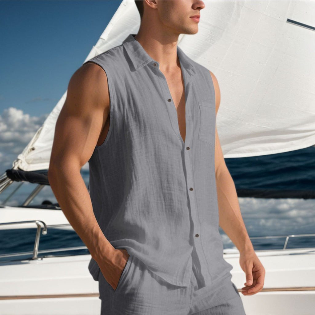 Linen Men's Casual Lapel Sleeveless Shirt