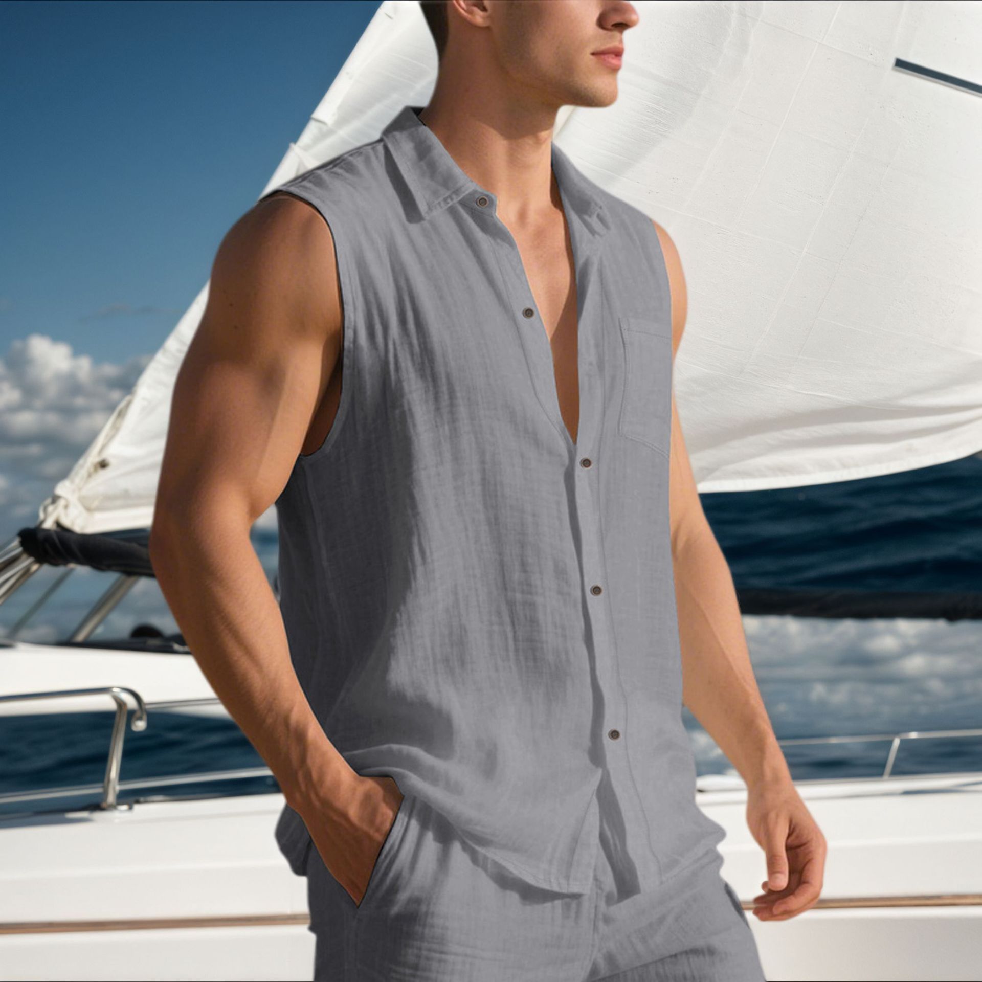 Linen Men's Casual Lapel Sleeveless Shirt