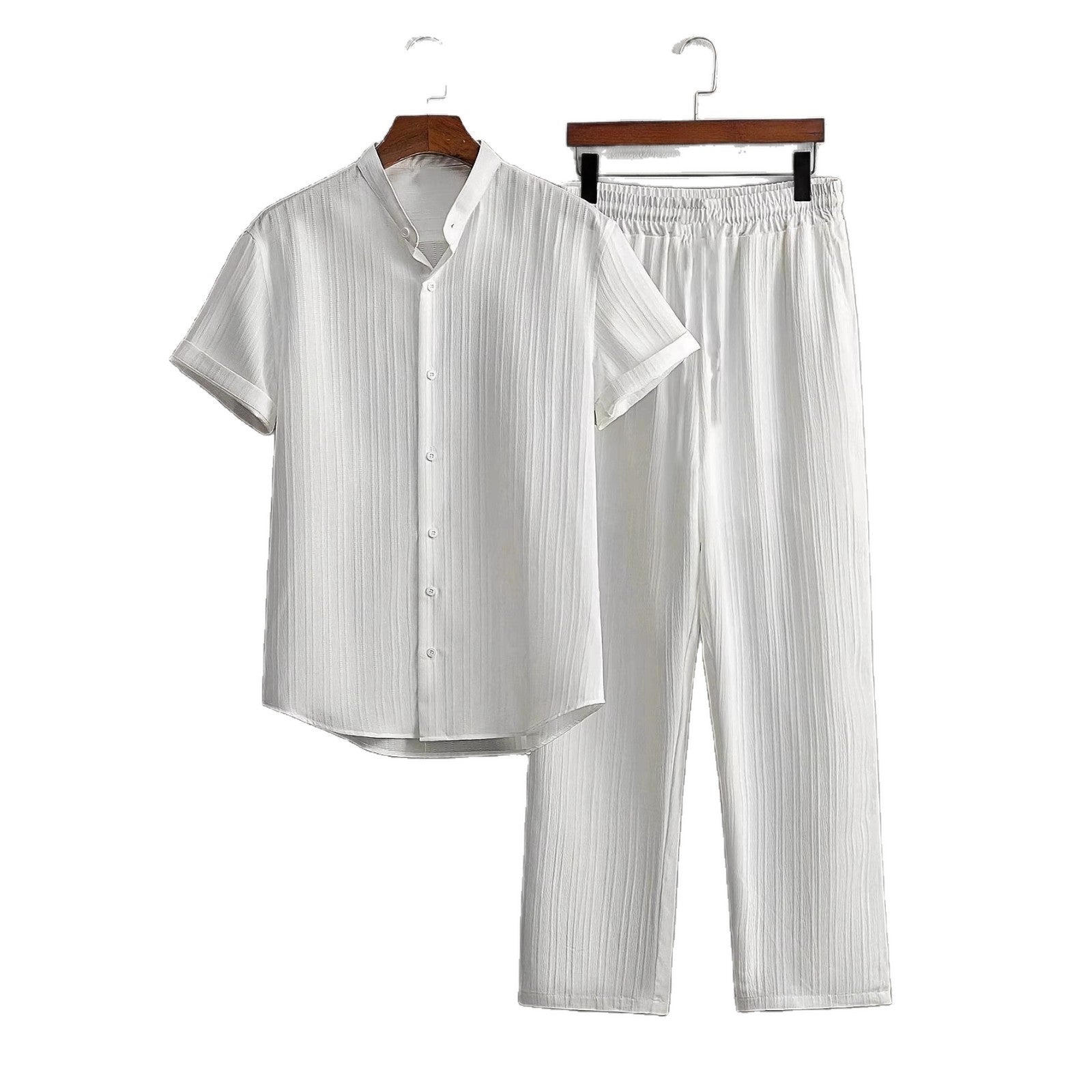 Mens Multi-Color Bamboo-Texture Wrinkle-Finish Short-Sleeve Shirt And Pants Set