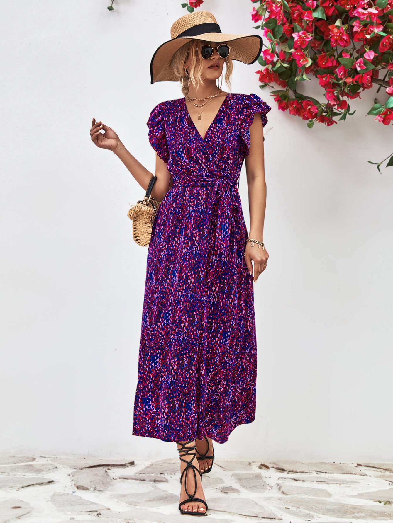 Women's V-Neck Split Printed Casual Dress