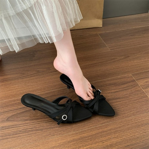 2026 Spring Summer New French Elegant One Strap Stiletto Heel Mule Slippers Women Fairy Style Open Toe Pointed Toe Fashion Shoes
