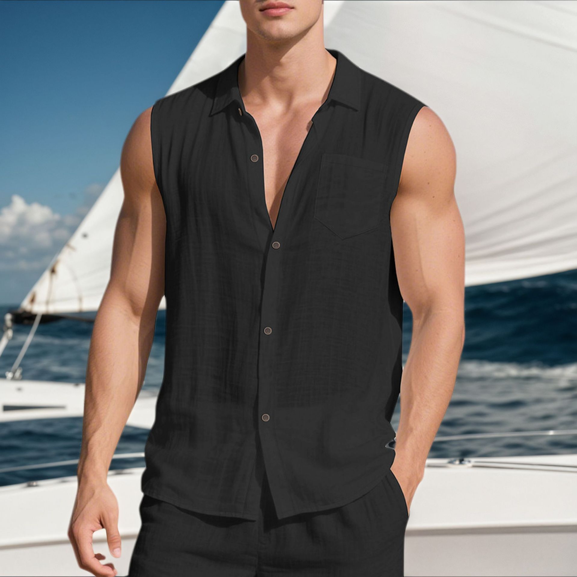 Linen Men's Casual Lapel Sleeveless Shirt