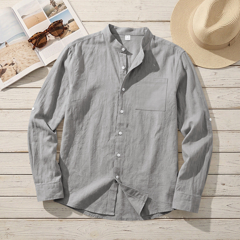 American-style Linen Shirt With A Stand-up Collar And Mid-length Sleeves, Mens
