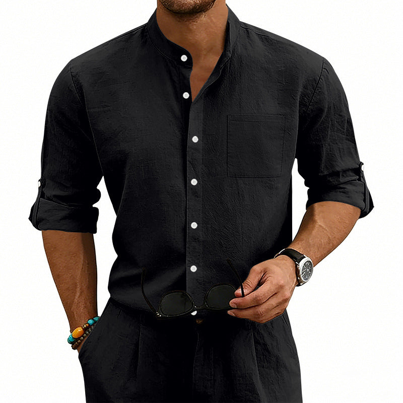 American-style Linen Shirt With A Stand-up Collar And Mid-length Sleeves, Mens