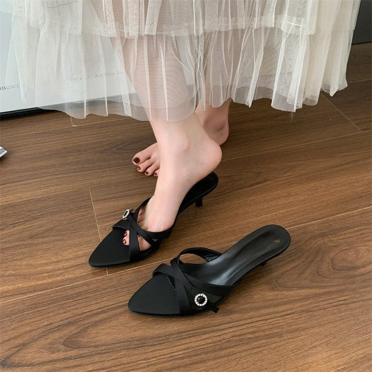 2026 Spring Summer New French Elegant One Strap Stiletto Heel Mule Slippers Women Fairy Style Open Toe Pointed Toe Fashion Shoes