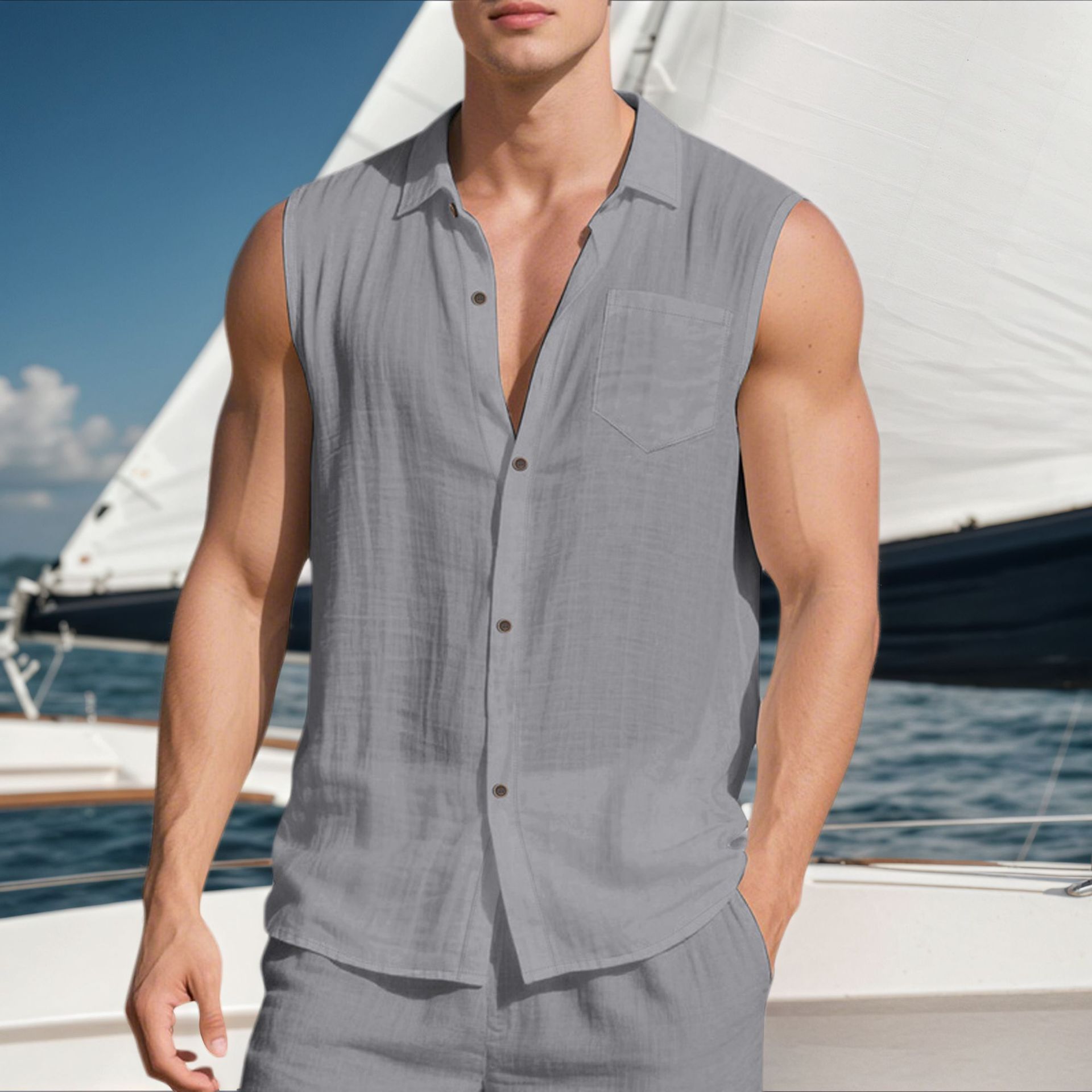 Linen Men's Casual Lapel Sleeveless Shirt