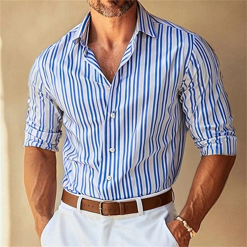 Men's Lapel Button-Down Striped Collar Shirt