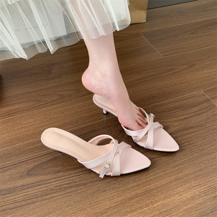 2026 Spring Summer New French Elegant One Strap Stiletto Heel Mule Slippers Women Fairy Style Open Toe Pointed Toe Fashion Shoes