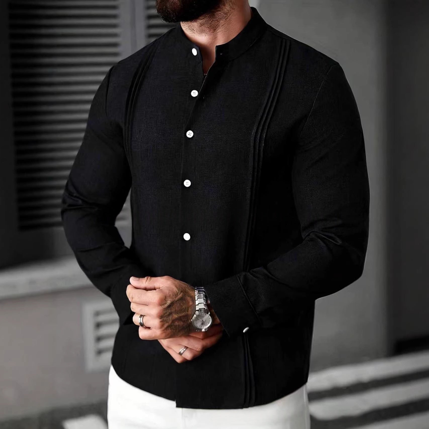 Mens Solid Color Stand Collar Single-Breasted Long-Sleeve Shirt