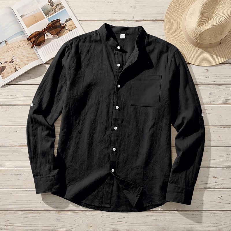 American-style Linen Shirt With A Stand-up Collar And Mid-length Sleeves, Mens