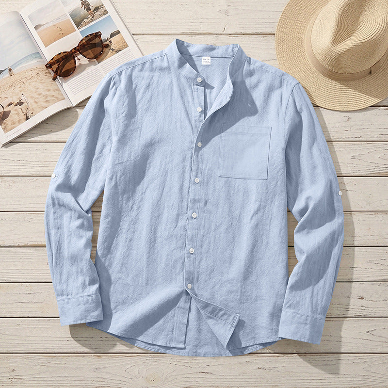 American-style Linen Shirt With A Stand-up Collar And Mid-length Sleeves, Mens