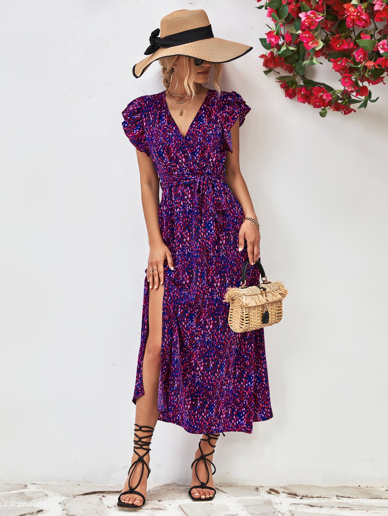 Women's V-Neck Split Printed Casual Dress