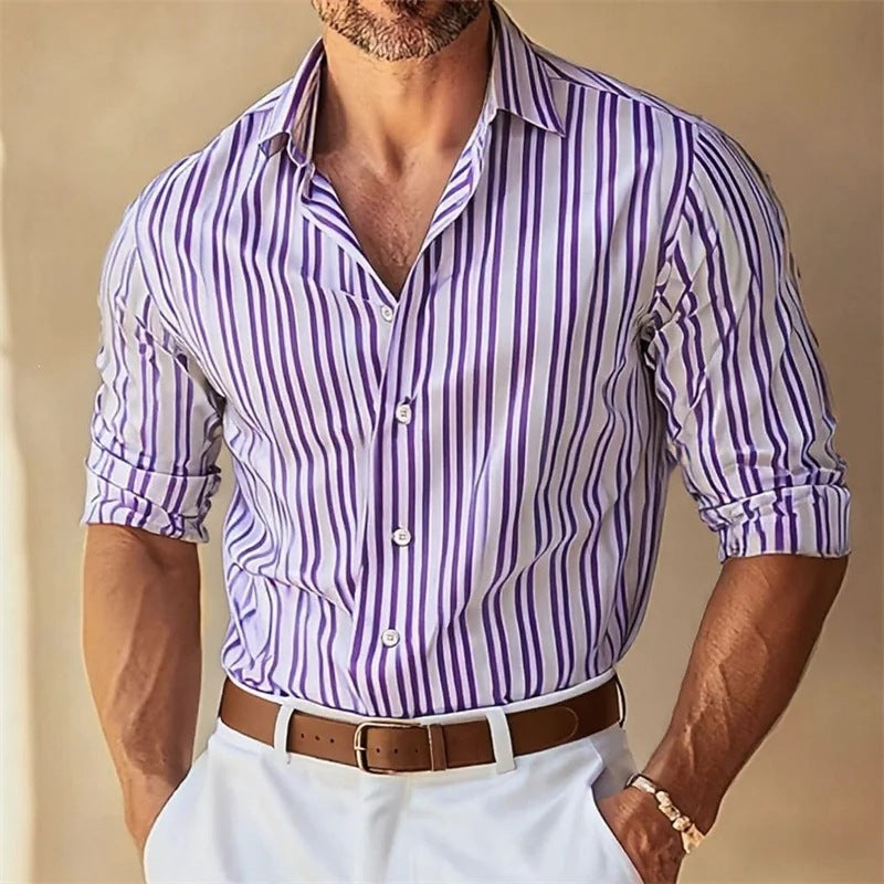Men's Lapel Button-Down Striped Collar Shirt
