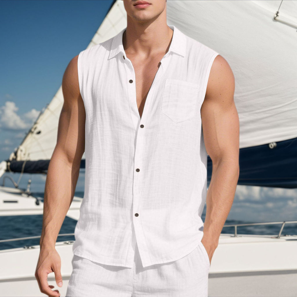Linen Men's Casual Lapel Sleeveless Shirt