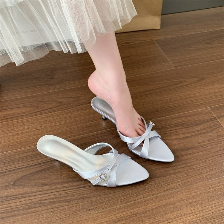 2026 Spring Summer New French Elegant One Strap Stiletto Heel Mule Slippers Women Fairy Style Open Toe Pointed Toe Fashion Shoes