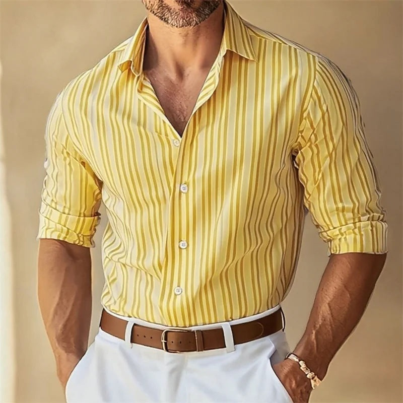 Men's Lapel Button-Down Striped Collar Shirt