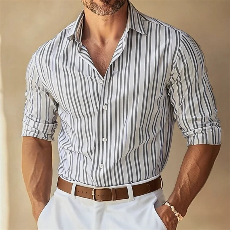 Men's Lapel Button-Down Striped Collar Shirt