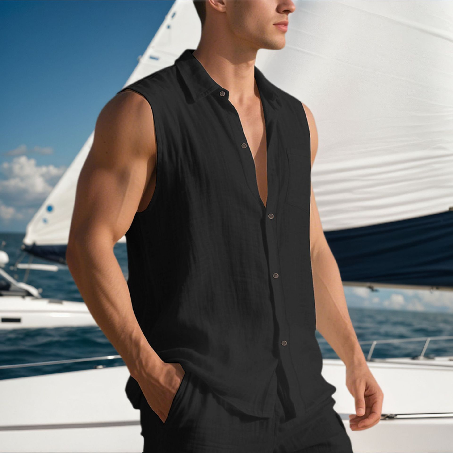 Linen Men's Casual Lapel Sleeveless Shirt