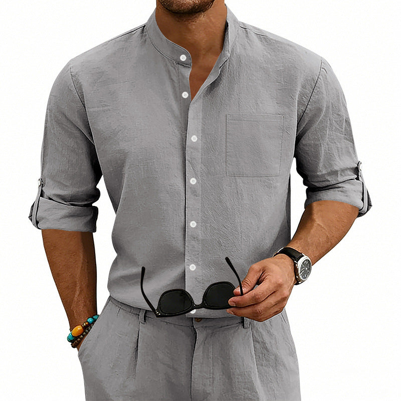 American-style Linen Shirt With A Stand-up Collar And Mid-length Sleeves, Mens