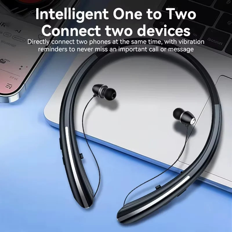 Neckband Wireless Earphone with Retractable Earbud,Around The Neck Headphones Stereo Headset for Music, Conference, Videos