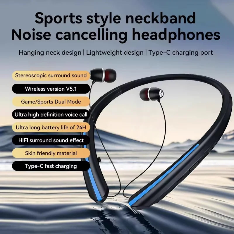 Neckband Wireless Earphone with Retractable Earbud,Around The Neck Headphones Stereo Headset for Music, Conference, Videos
