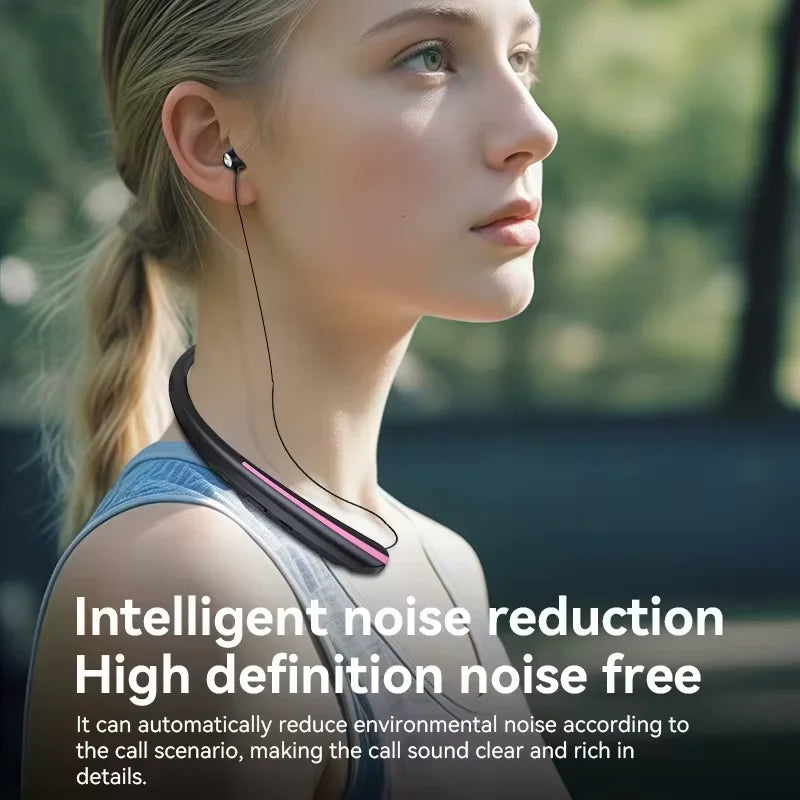 Neckband Wireless Earphone with Retractable Earbud,Around The Neck Headphones Stereo Headset for Music, Conference, Videos