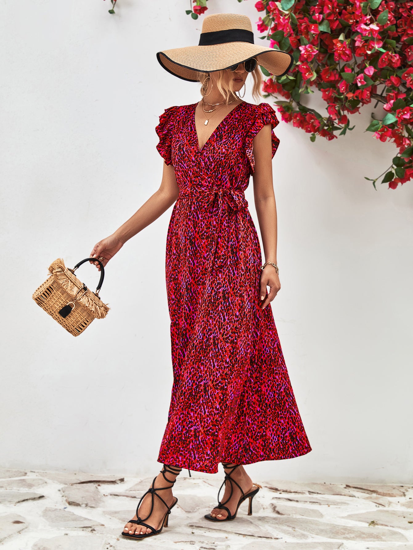 Women's V-Neck Split Printed Casual Dress