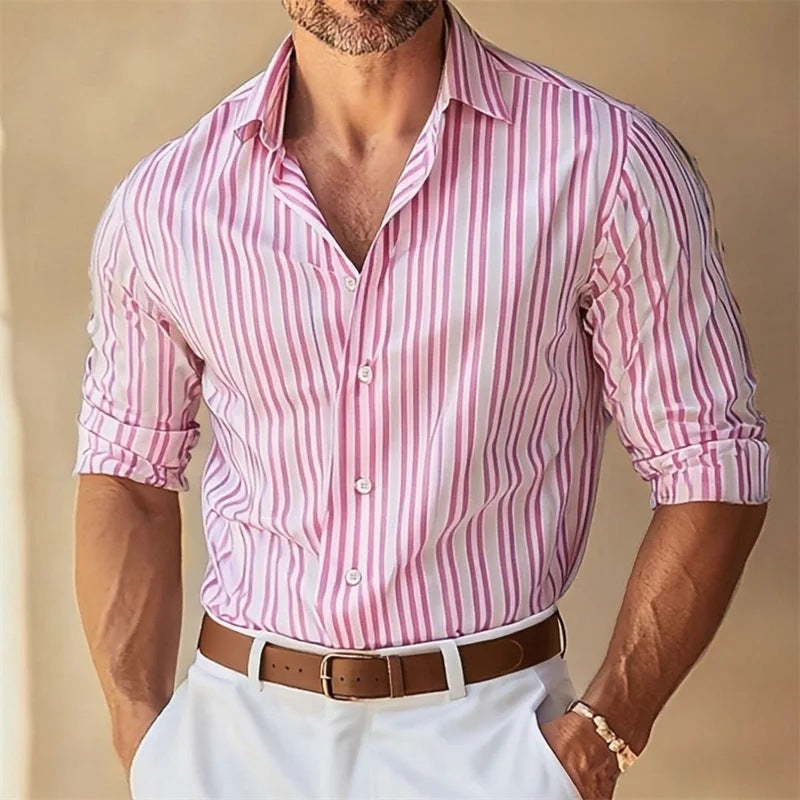 Men's Lapel Button-Down Striped Collar Shirt