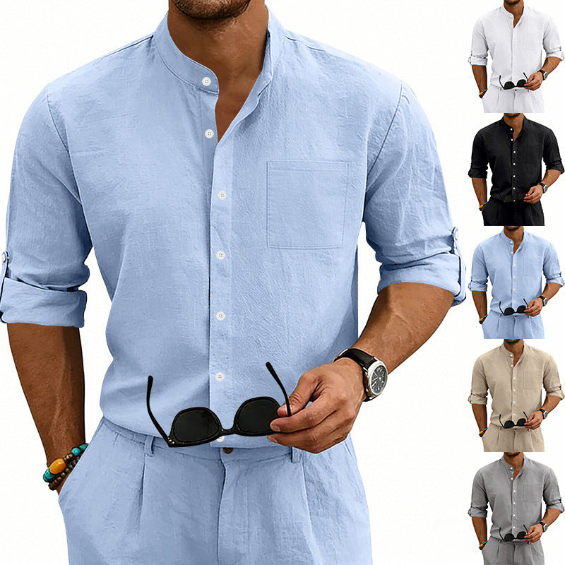 American-style Linen Shirt With A Stand-up Collar And Mid-length Sleeves, Mens