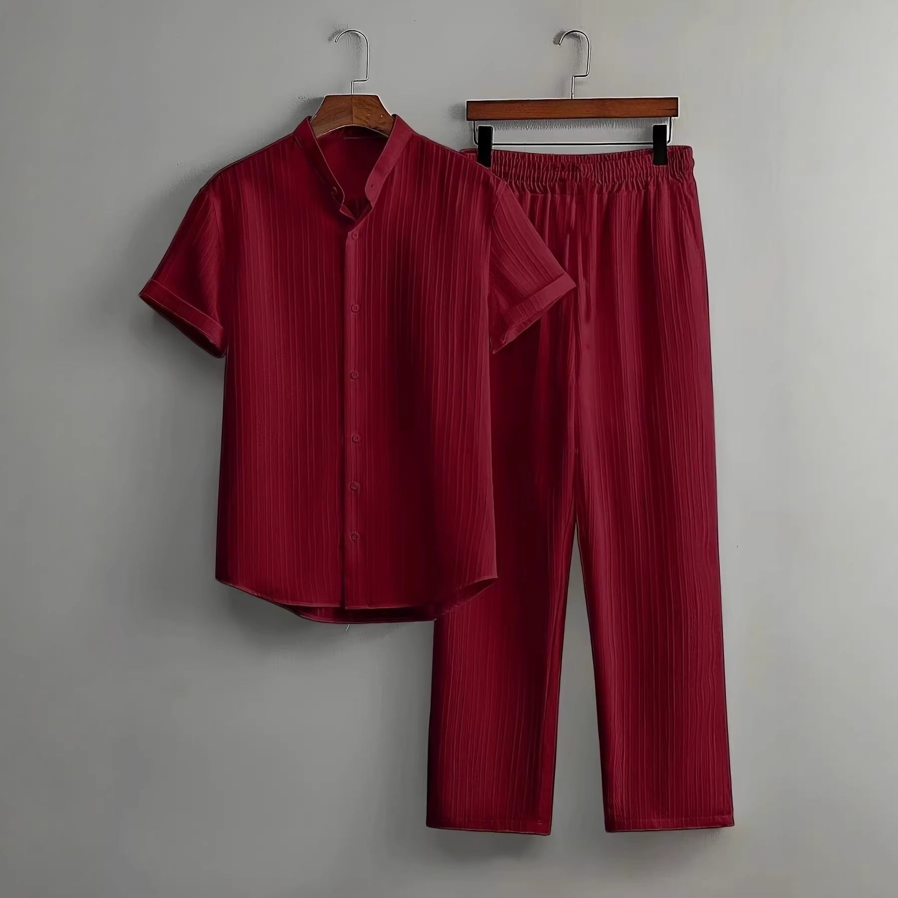 Mens Multi-Color Bamboo-Texture Wrinkle-Finish Short-Sleeve Shirt And Pants Set