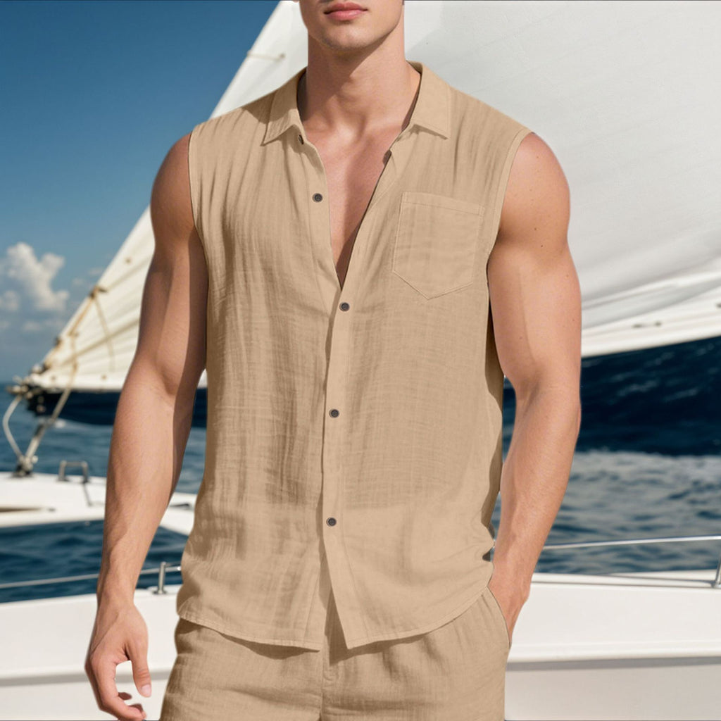 Linen Men's Casual Lapel Sleeveless Shirt