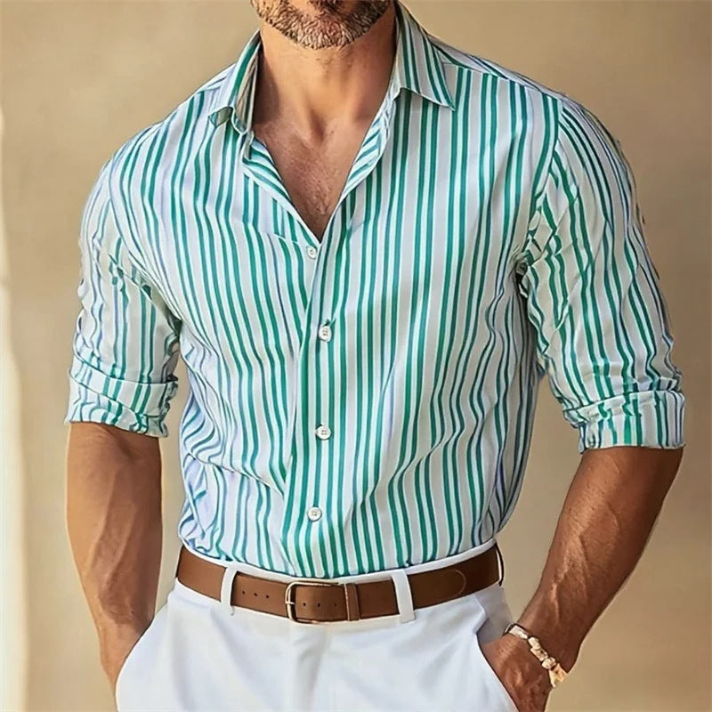 Men's Lapel Button-Down Striped Collar Shirt