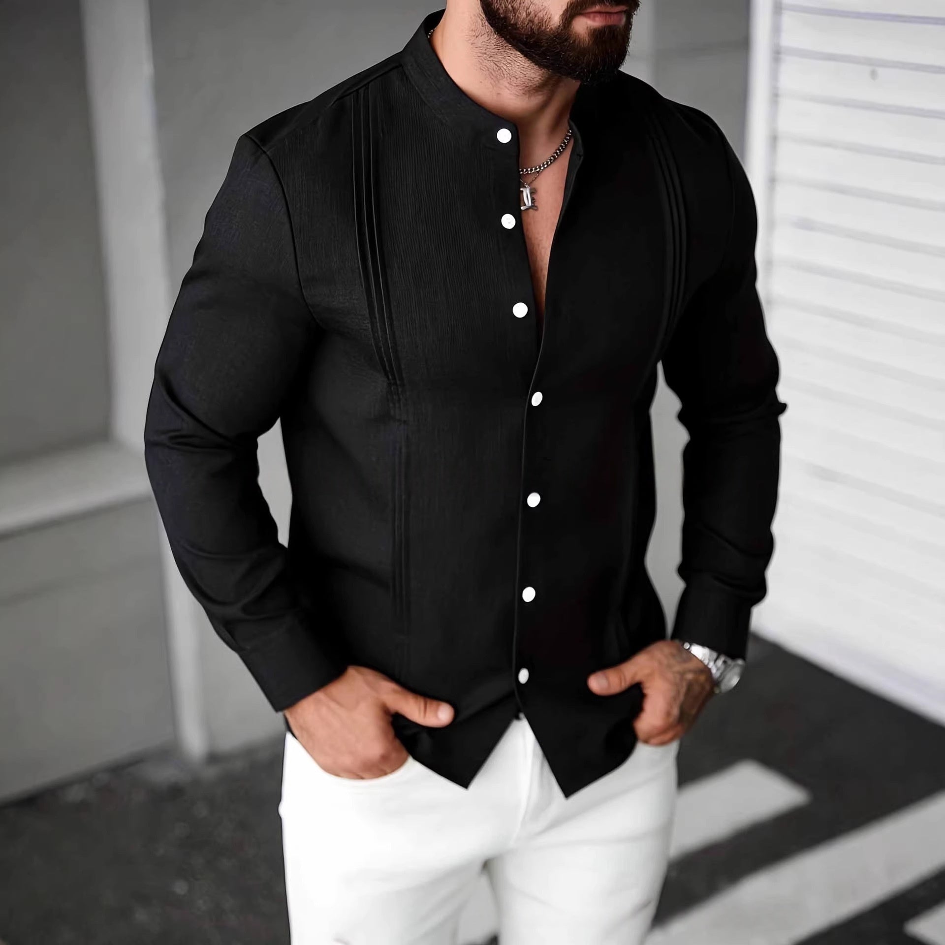 Mens Solid Color Stand Collar Single-Breasted Long-Sleeve Shirt