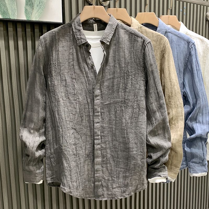 Men's High-End Linen Pleated Long-Sleeve Shirt