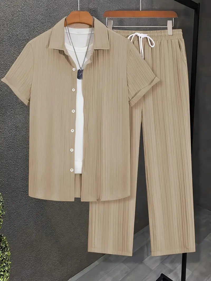 Mens Multi-Color Bamboo-Texture Wrinkle-Finish Short-Sleeve Shirt And Pants Set