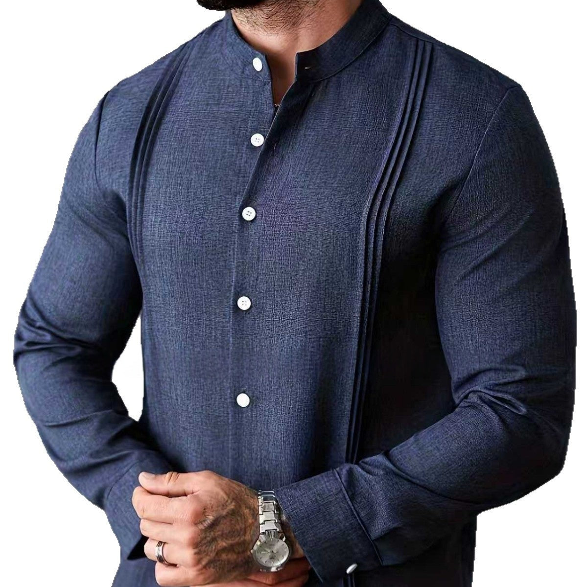 Mens Solid Color Stand Collar Single-Breasted Long-Sleeve Shirt