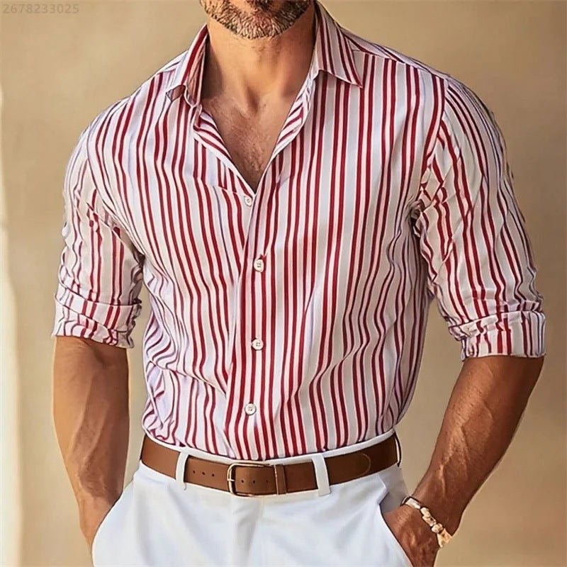 Men's Lapel Button-Down Striped Collar Shirt