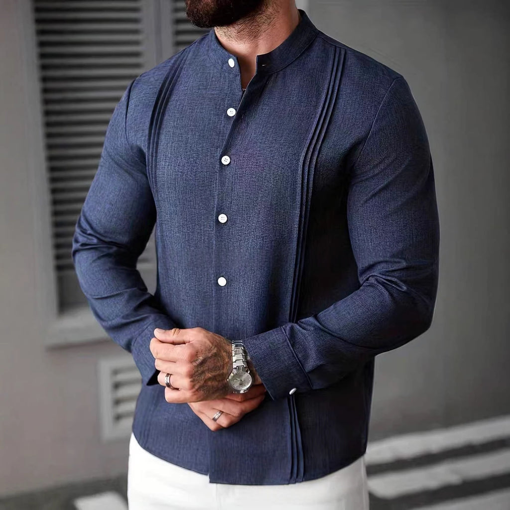 Mens Solid Color Stand Collar Single-Breasted Long-Sleeve Shirt