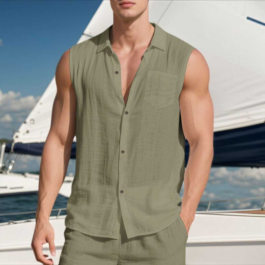 Linen Men's Casual Lapel Sleeveless Shirt