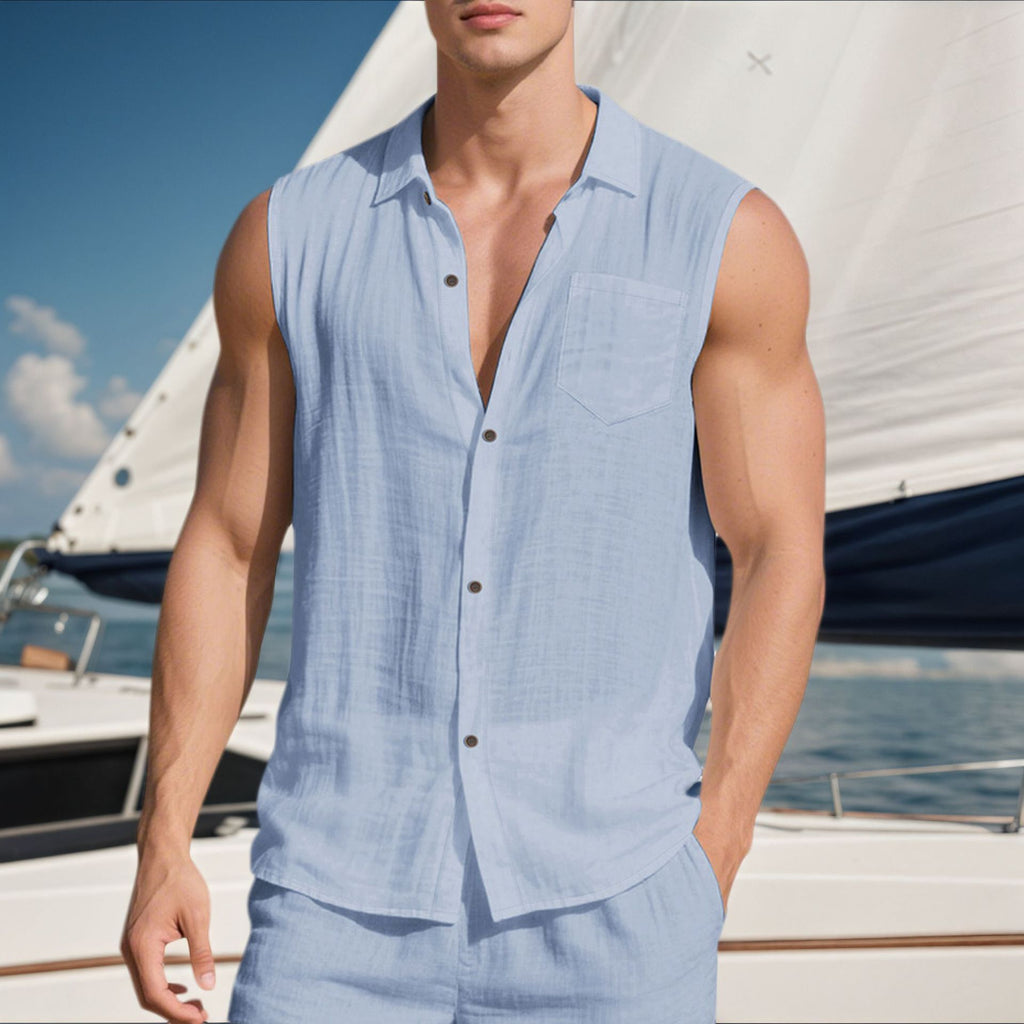 Linen Men's Casual Lapel Sleeveless Shirt
