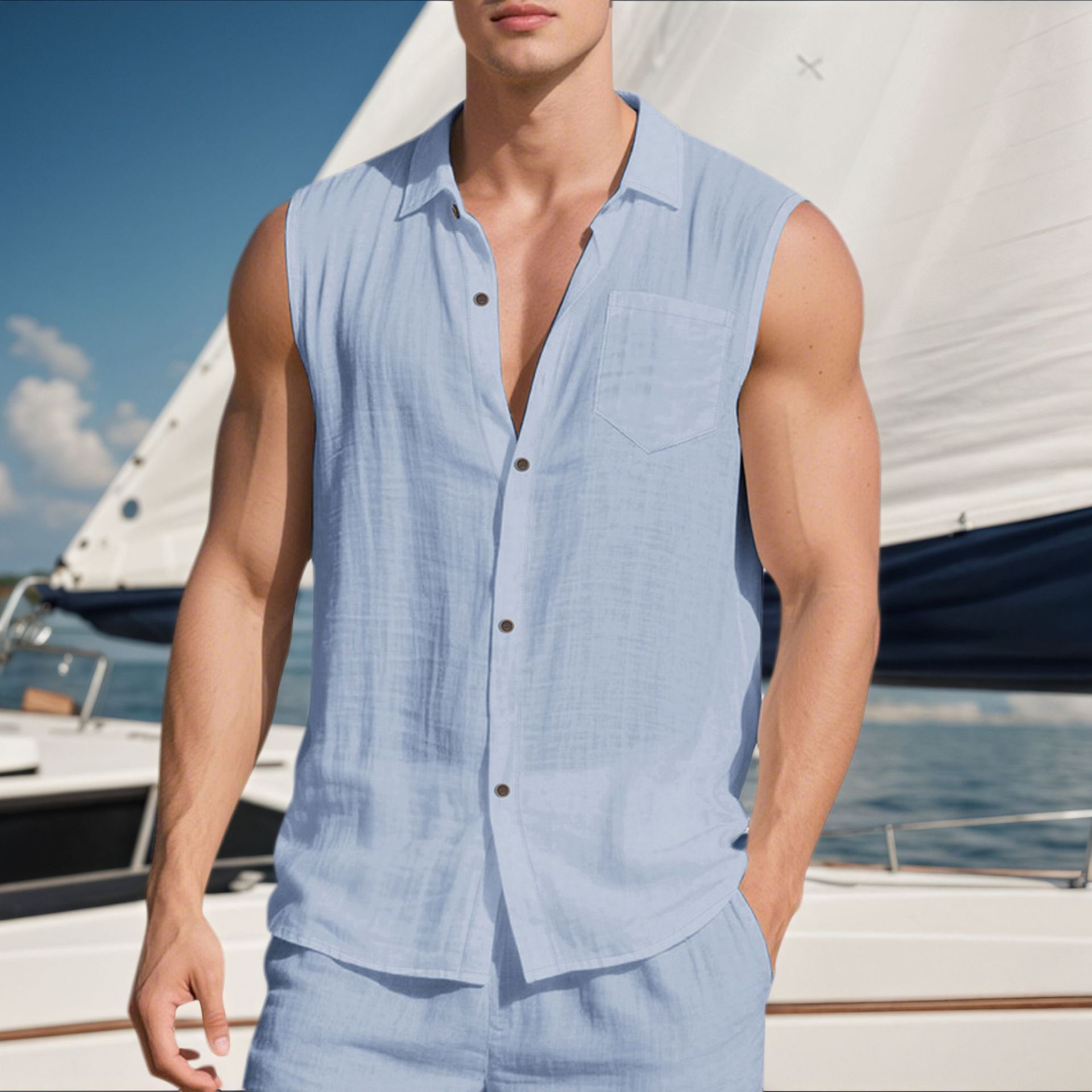 Linen Men's Casual Lapel Sleeveless Shirt